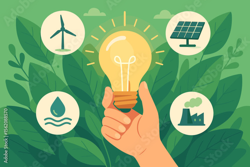 Hand Holding Light Bulb Surrounded by Green Leaves and Renewable Energy Icons, Solar, Wind, Water Power, Sustainable Development, Eco Friendly, Clean Energy, Environmental Conservation Vector