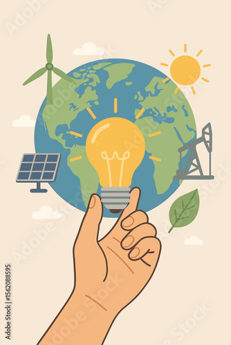 Hand Holding Light Bulb in Front of Earth, Renewable and Nonrenewable Energy Sources Icons, Global Power Consumption, Ecology, Sustainability, Solar, Wind, Oil, Environmental Concept Vector