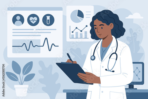 Female doctor writing medical records on clipboard, healthcare professional analyzing patient data, diagnosis, medical research, hospital medicine, health monitoring, clinical analysis concept