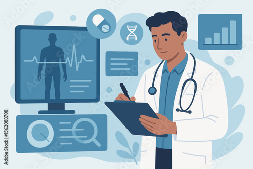Medical doctor writing patient diagnosis on clipboard, healthcare professional analyzing health data, medical research, digital records, disease management, hospital medicine, clinical analysis