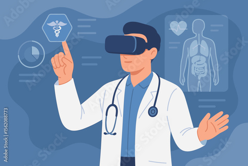 Medical technology innovation. Doctor using virtual reality headset for patient diagnosis. Futuristic healthcare interface, digital medicine, telemedicine, simulation, science, modern hospital concept