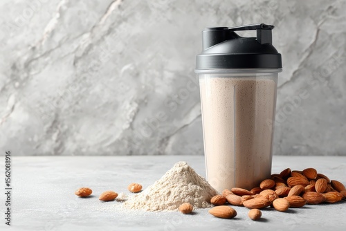 Healthy Protein Shake in Blender Bottle with Almonds and Powdered Supplement