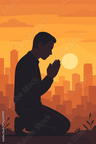 Man Kneeling in Prayer at Sunset, Urban Skyline Silhouette, Spiritual Meditation, Hope, Faith, Tranquility, Modern Cityscape, Evening Reflection, Flat Vector Illustration, Mindfulness Concept