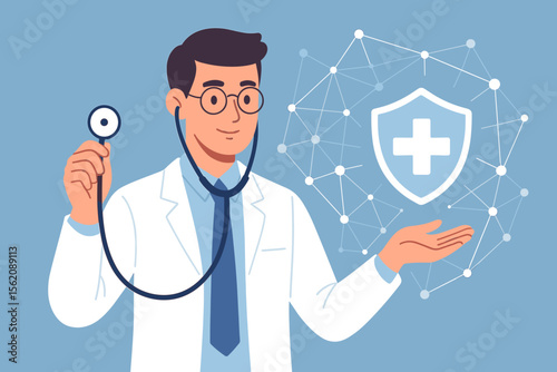 Doctor with Stethoscope Holding Health Insurance Icon, Medical Network Connection, Healthcare Protection Concept, Modern Flat Vector Illustration, Digital Medicine, Hospital Safety, Virtual Interface