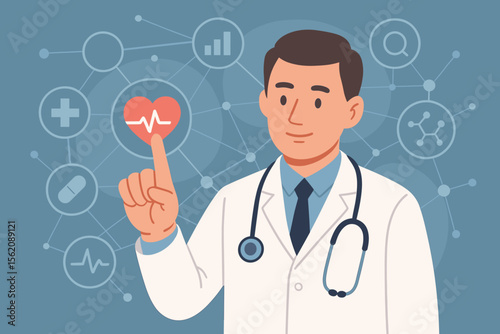 Medical doctor with stethoscope interacting with digital heart icon, healthcare diagnostics, virtual interface, modern medicine technology, data analysis, health network, flat vector illustration
