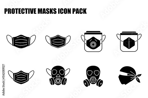 Protective mask icons in various styles with a white background. Simple representations of different types of masks for use in a range of contexts.