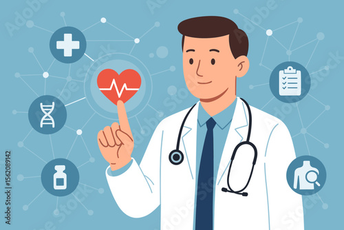Medical doctor with stethoscope interacting with digital heart icon, diagnostics, healthcare technology, virtual interface, medical analysis, network connection, modern flat vector illustration