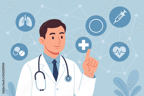 Medical doctor with stethoscope interacting with digital healthcare icons network. Modern flat vector illustration. Medicine, health care, diagnostics, treatment, telemedicine, technology concept