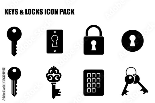 Keys and locks icon pack depicting various security tools. Simple, graphic representations of keys, padlocks, keyholes, and keypads on a white background.