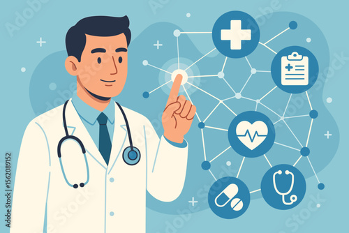 Medical doctor with stethoscope interacting with digital healthcare network, modern flat vector illustration. Connected medical icons, telemedicine, health technology, online consultation concept