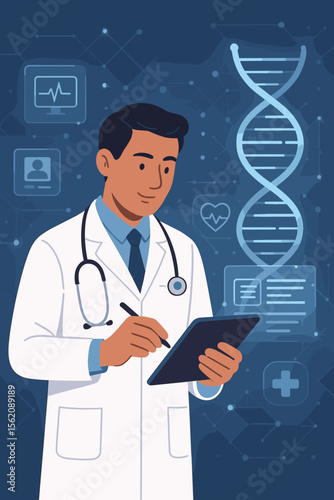 Medical doctor using digital tablet to write electronic health record. DNA helix, healthcare technology, network connection, virtual screen interface, medical insurance, digital medicine concept