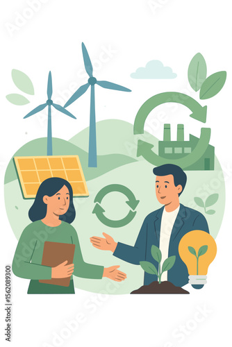 Sustainable development goals, clean energy promotion, renewable energy business, eco-friendly innovation, wind turbines, solar panels, recycling, green technology, environmental growth