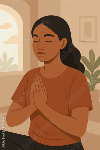 Peaceful woman practicing yoga and meditation indoors, hands in prayer position, mindfulness, relaxation, self-care, wellness, modern flat vector illustration, calm home interior scene