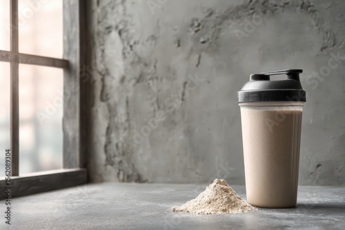Protein Shake and Powder on Table Near Window in Natural Light Indoor Setting