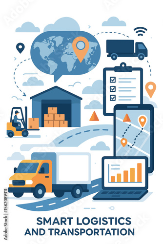 Smart Logistics and Transportation Concept Vector. Modern Delivery Truck, Warehouse, GPS Tracking, Supply Chain Management, Mobile App, Freight Shipping, Inventory, Route Optimization Illustration
