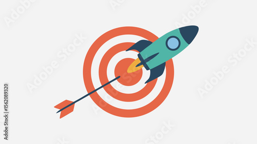 Cartoon Rocket Launching Towards Orange Target with Arrow in Center on Light Background