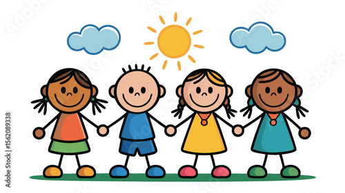 Cartoon Stick Figure Children Holding Hands Under Sunny Sky, Diversity and Friendship Illustration