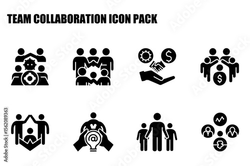 Team collaboration icon pack featuring various team dynamics in a business setting.