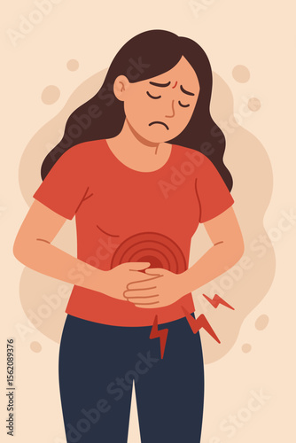 Woman Holding Stomach in Pain Illustration. Abdominal Pain, Stomachache, Menstrual Cramps, Gastric Ulcer, Appendicitis, Gastrointestinal Disease, Digestive Health, Healthcare, Medical Concept
