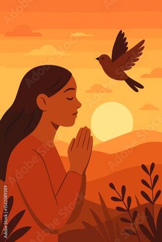 Woman Praying with Hands Together at Sunset, Bird Flying in Peaceful Nature Landscape, Hope and Freedom Concept, Spiritual Meditation, Mindfulness, Calm Evening, Modern Flat Vector Illustration