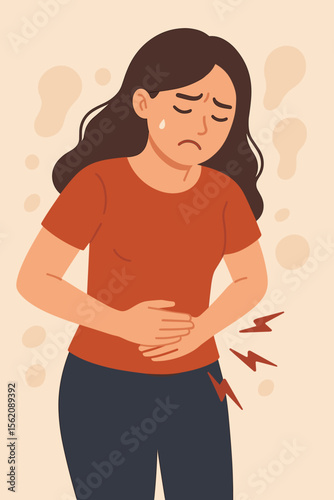 Woman holding stomach in pain, suffering from abdominal cramps, stomachache, menstrual period pain, gastritis, ulcer, appendicitis, gastrointestinal disease. Healthcare, illness, symptom concept