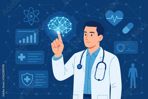 Digital healthcare innovation with a doctor interacting with a futuristic interface. AI in medicine, medtech, telemedicine concept. Physician analyzing glowing brain and medical data.