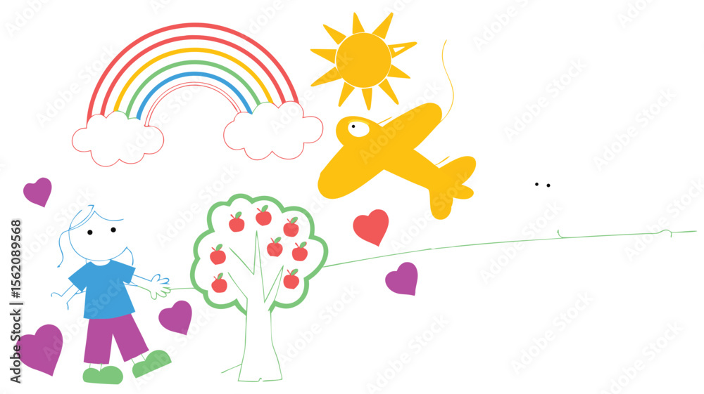 Fototapeta premium Child's Drawing Featuring Rainbow, Clouds, Sun, Airplane, Girl, Tree, Apples, Hearts, and Simple Line