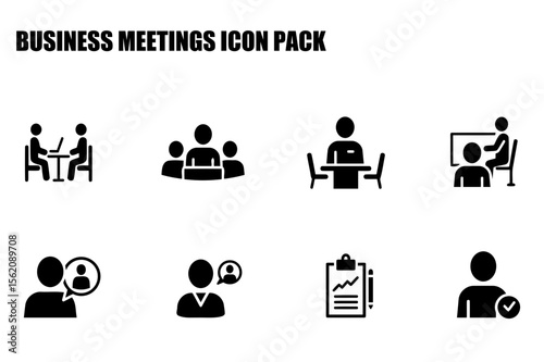 Business meeting icons depicting various scenarios in a professional setting. Diverse business people in casual and formal meeting environments.
