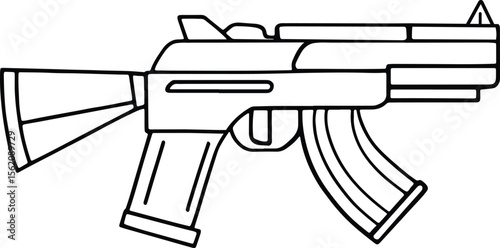 Assault rifle illustration in isolated black line art for military or firearm themed visuals