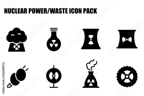 Nuclear power/waste icon pack showing various symbols related to nuclear power and waste. Collection of black and white icons on a white background.