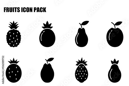 Fruit icons in various styles, showing different fruits in a simple, flat design. Collection of black silhouettes of common fruits against a white background.
