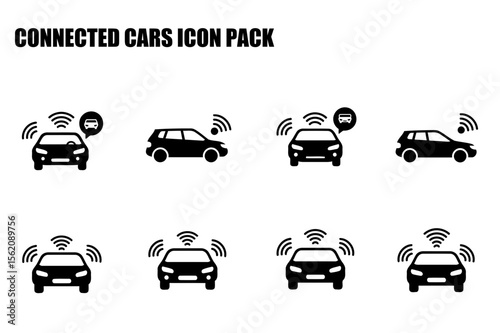 Connected cars icon pack depicting various vehicles with wireless communication signals. Collection of simple, black silhouette illustrations of automobiles.