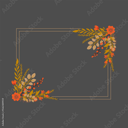 Elegant floral frame with autumn flowers and golden leaves design