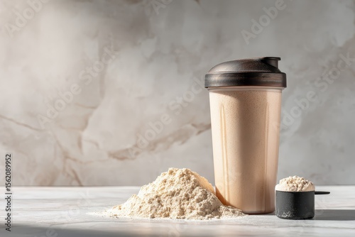 Protein Shake with Powder and Measuring Scoop on Marble Surface
