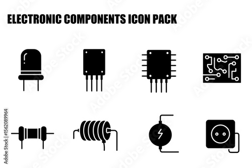 Electronic components icons in a technical illustration style. Simple, black and white, and versatile graphics.