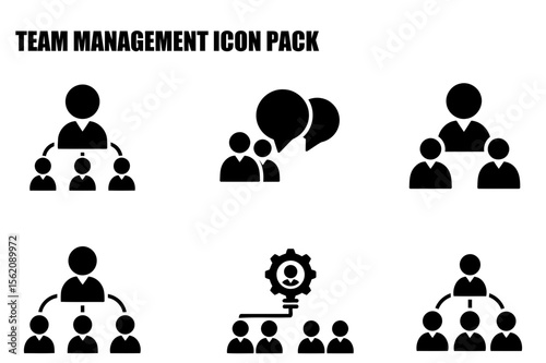 Team management icons in a hierarchical structure. Simple black and white illustrations of people in different team settings.