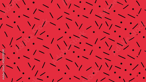 Red background with scattered black dash and dot pattern abstract