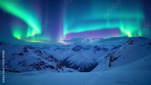 A timelapse of the aurora over snow covered mountains in Russia Kola Peninsula