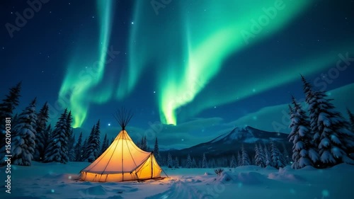 A timelapse of the aurora Northern lights above a Sami tent lavvu in Finland Arctic Circle