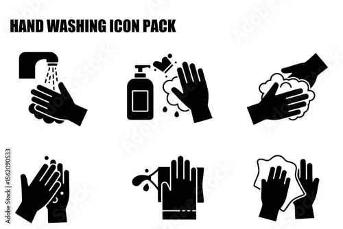 Hand washing icon pack depicting various stages of hand hygiene. Icons show people washing, lathering, and drying hands with soap and water, or hand sanitizer.