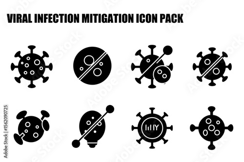Viral infection mitigation icon pack depicting various stages of virus mitigation. Black and white icons on a white background.