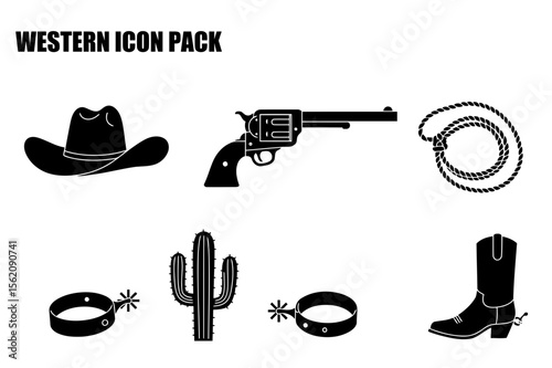 Western iconography set featuring a cowboy hat, revolver, lasso, cactus, spurs, and boots. Simple black silhouettes in a flat design for a western themed product.