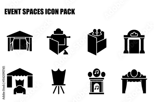 Event spaces icon pack depicting various venues for events. Collection of black and white silhouettes showcasing diverse spaces for celebrations and gatherings in a modern style.