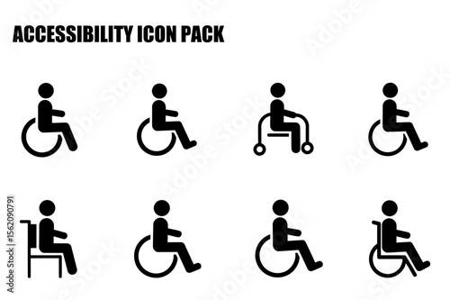 Accessibility icon pack depicting various assistive devices for people with disabilities. Simple figures seated in wheelchairs and other mobility aids against a plain background.