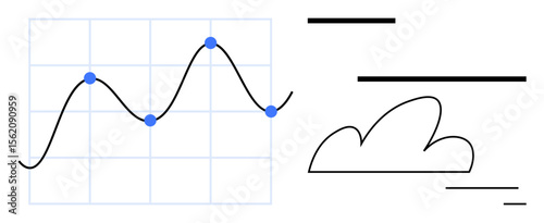 Graph with points on a grid representing data fluctuations, black curved line, blue markers, and cloud design. Ideal for analytics, data visualization, workflow, tech, innovation forecasting simple