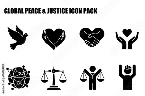 Global peace and justice icon set with diverse symbols. Collection of simple, black and white images showing universal themes of peace, solidarity, and justice in a clean, easily understood format.