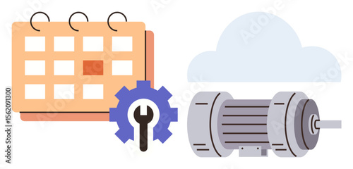 Calendar with highlighted day beside mechanical gear and wrench icon representing maintenance planning. Industrial machine in front of cloud icon. Ideal for planning, repair, workflow, engineering