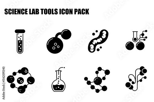 Science lab tools icons in a flat design style. Collection of various tools and microorganisms, showcasing different scientific instruments and biological entities.