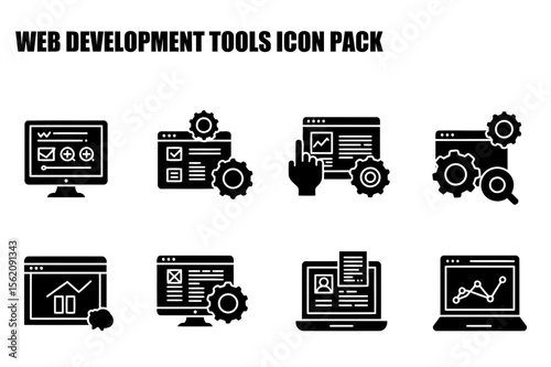 Web development tools icons depicting various functions in a flat design. Collection of modern tools and processes for website construction, maintenance, and optimization.