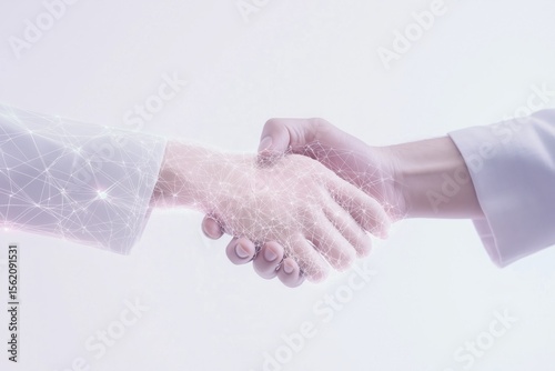 Two hands shaking with digital network overlay, symbolizing partnership in technology, innovation, and digital communication. Bright, clean background for modern business and tech themes.